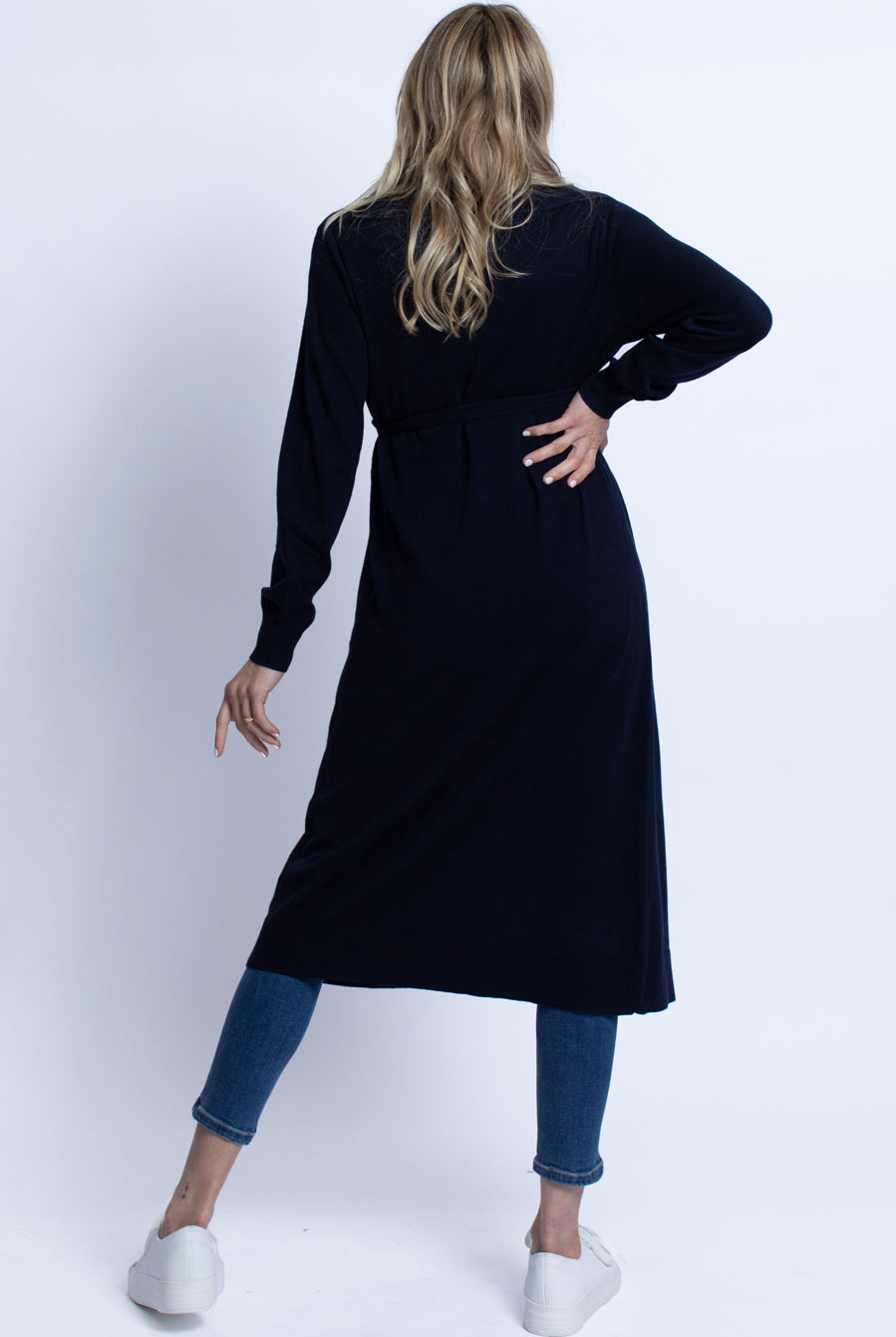 Back view - Maternity Long Knit Wool Blend Cardigan - Navy (4694215852126)
