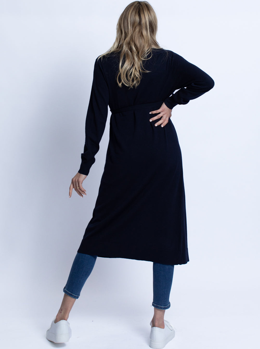 Back view - Maternity Long Knit Wool Blend Cardigan - Navy (4694215852126)