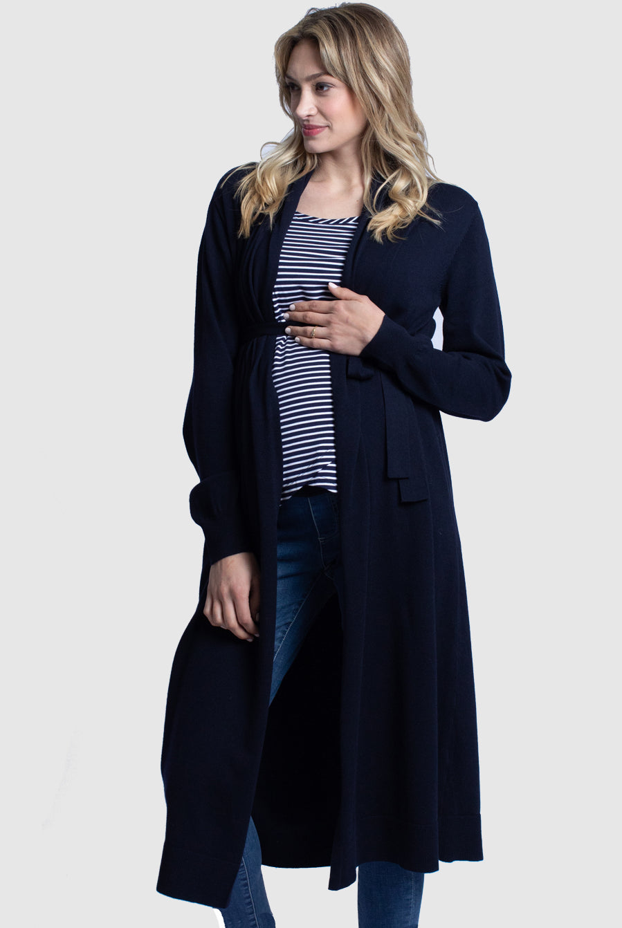 Front view - Maternity Long Knit Wool Blend Cardigan - Navy (4694215852126)