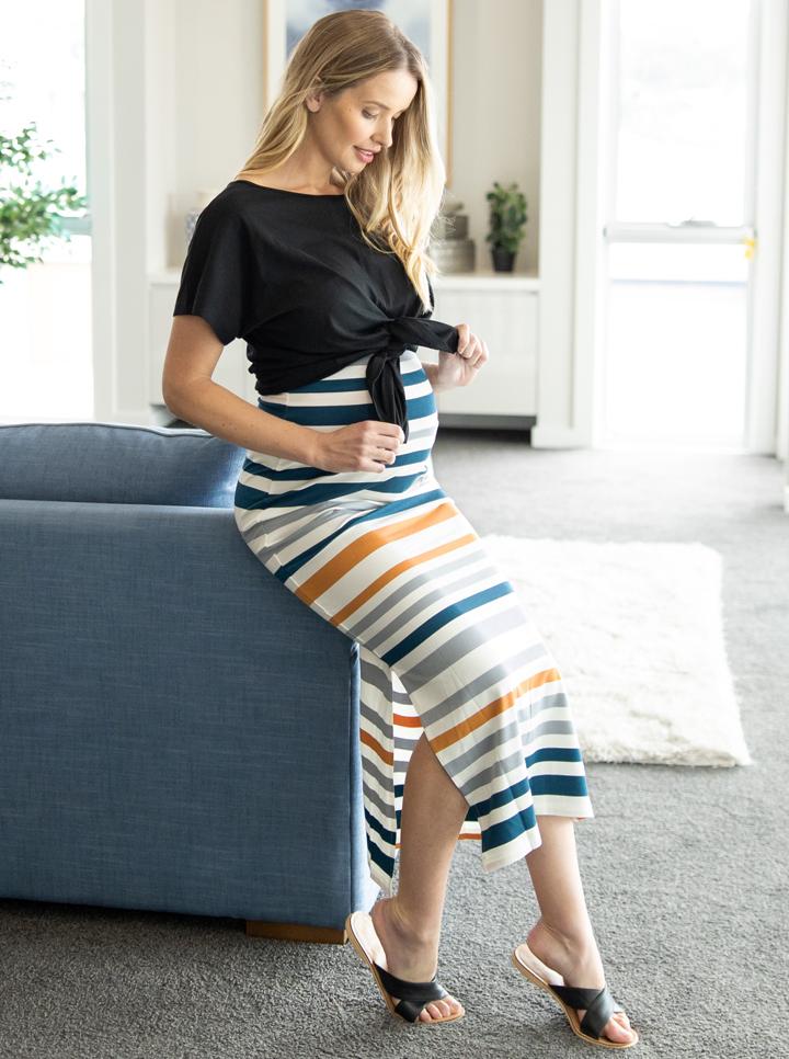 Main view - Maternity Top and Skirt Set. with black top & long striped skirt. (4802026176606)
