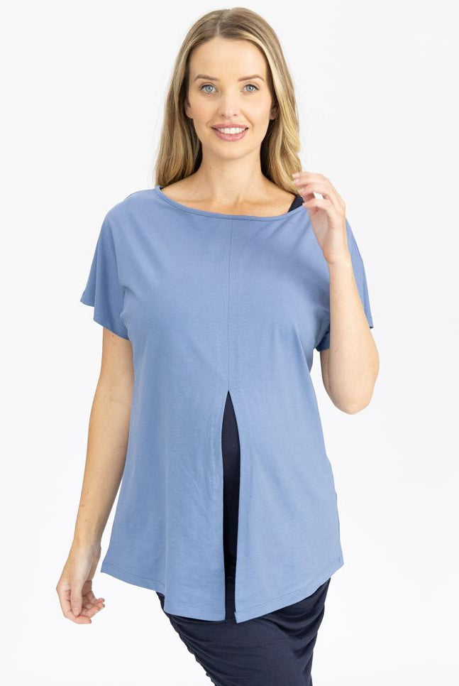 Front view - Reversible Maternity Tee Top in Blue (4802026635358)