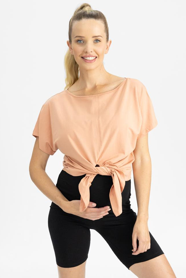 Front view 2 - Reversible Maternity Tee Top in Peach - tied (4802026668126)