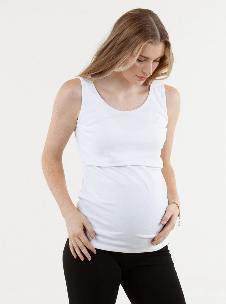 A Pregnannt Woman Wearing Maya Maternity & Nursing Cotton Tank in White from Angel Maternity.