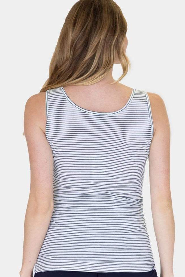 Back view - Nursing Sleeveless Pull Up Tank Top - Navy/Black Stripes (1637770428510)
