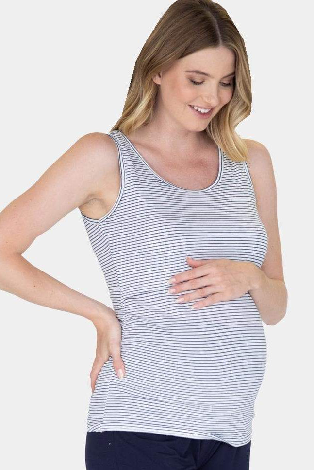 Side view - Nursing Sleeveless Pull Up Tank Top - Navy/Black Stripes (1637770428510)