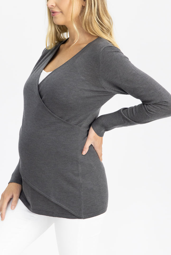 Maternity Merino Wool Knit Long Sleeve Top - Charcoal side image (4754233327710)