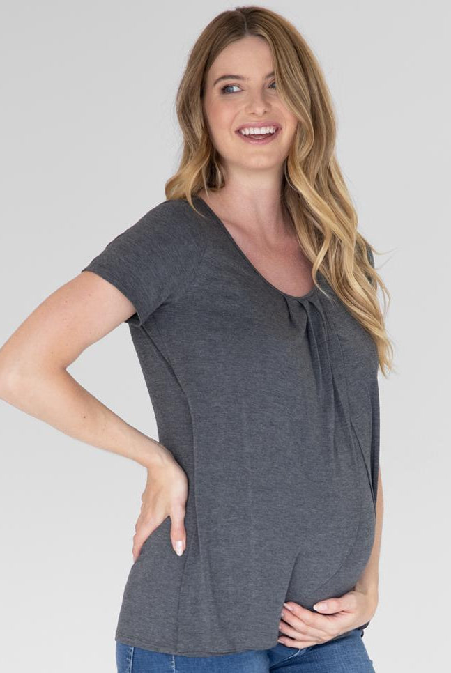 Petal Front Short Sleeve Top in Charcoal (4828435677278)