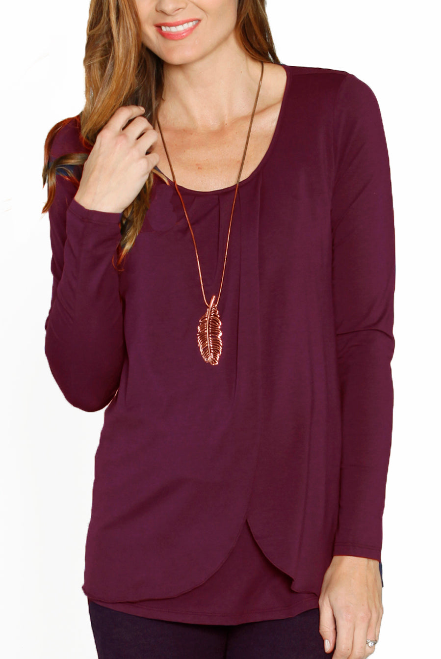 Petal Front Long Sleeve Nursing Top - Deep Plum - Angel Maternity USA (1580642664542)