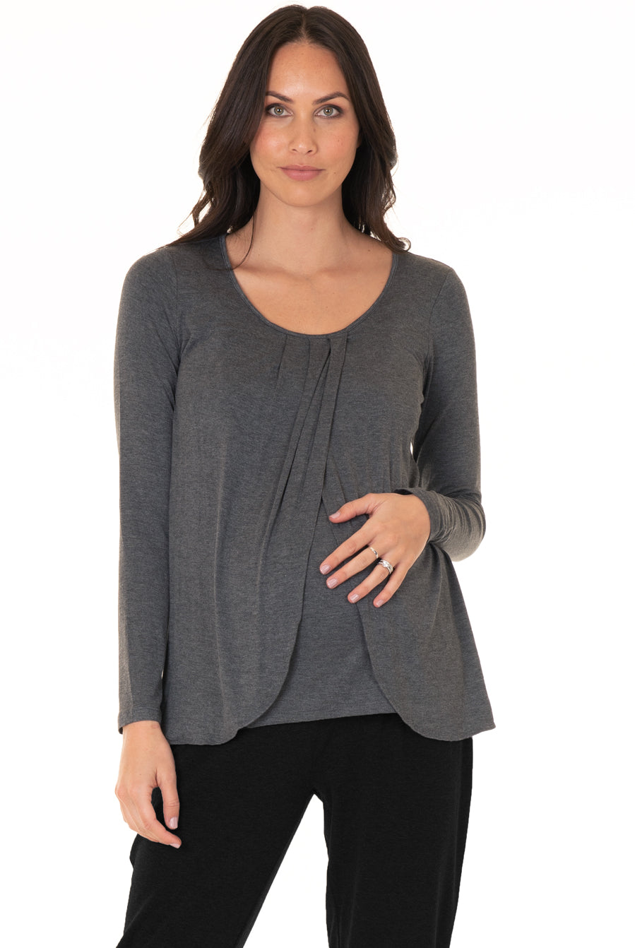 Front view - Petal Front Maternity Long Sleeve Nursing Top - Grey (4158750163038)