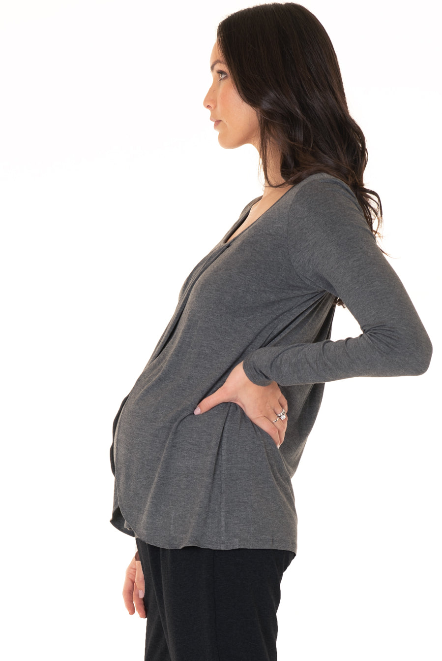 Side view - Petal Front Maternity Long Sleeve Nursing Top - Grey (4158750163038)