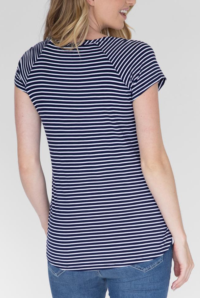 Back view - Maternity Petal Front Short Sleeve Nursing Top in Navy Stripes (4802020147294)