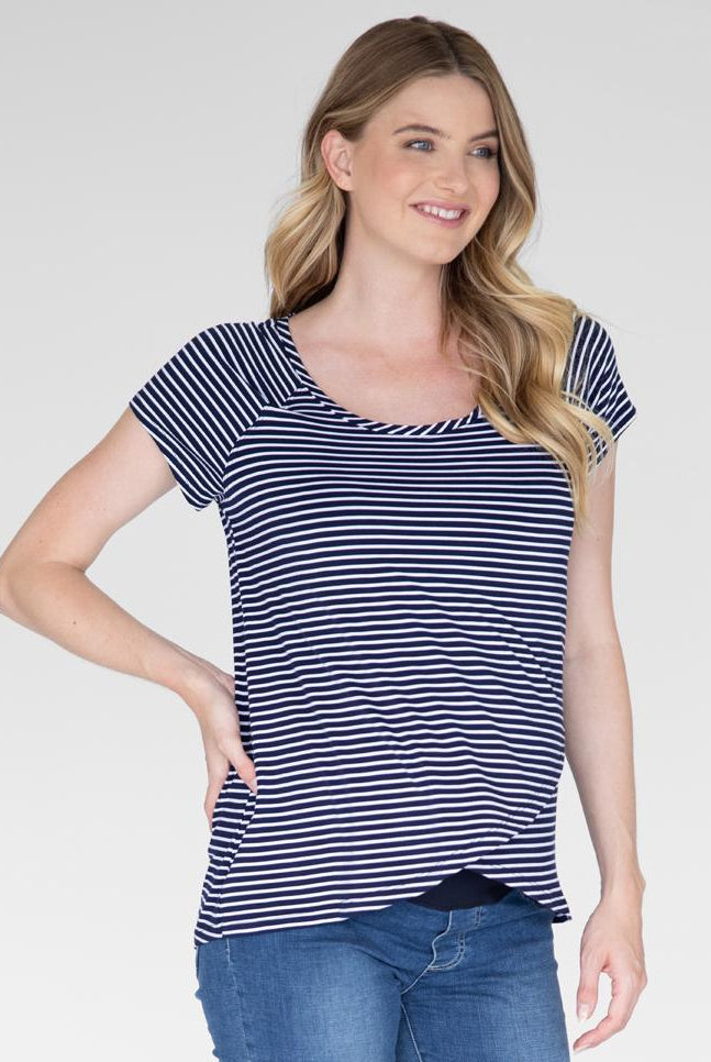 Front view - Maternity Petal Front Short Sleeve Nursing Top in Navy Stripes (4802020147294)