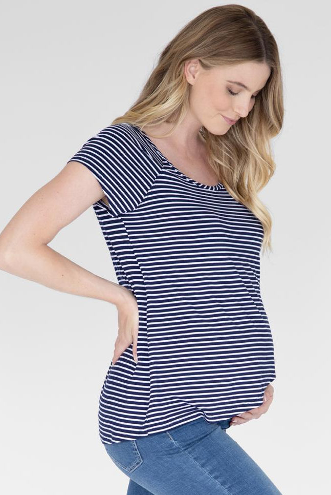 Main view - Maternity Petal Front Short Sleeve Nursing Top in Navy Stripes (4802020147294)