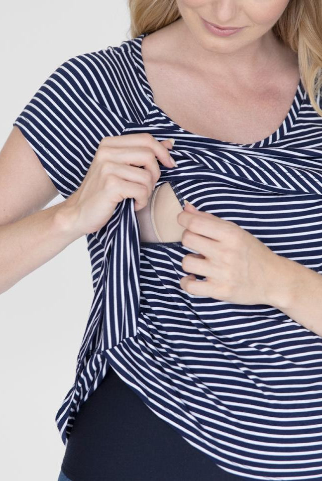 Easy access Maternity Petal Front Nursing Top in Navy Stripes nursing (4802020147294)