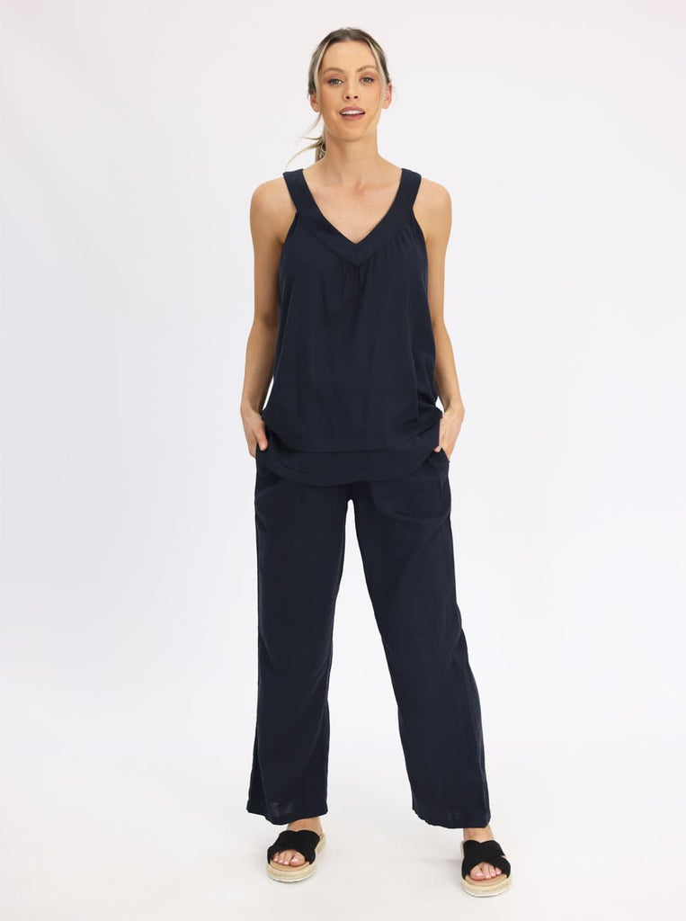 Front view - Comfortable Navy Linen Maternity Pants (6640781951070)