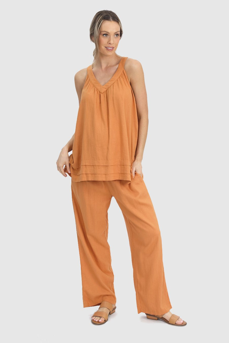 Full view - Comfortable Linen Maternity Pant in Orange from Angel Maternity (6640781983838)