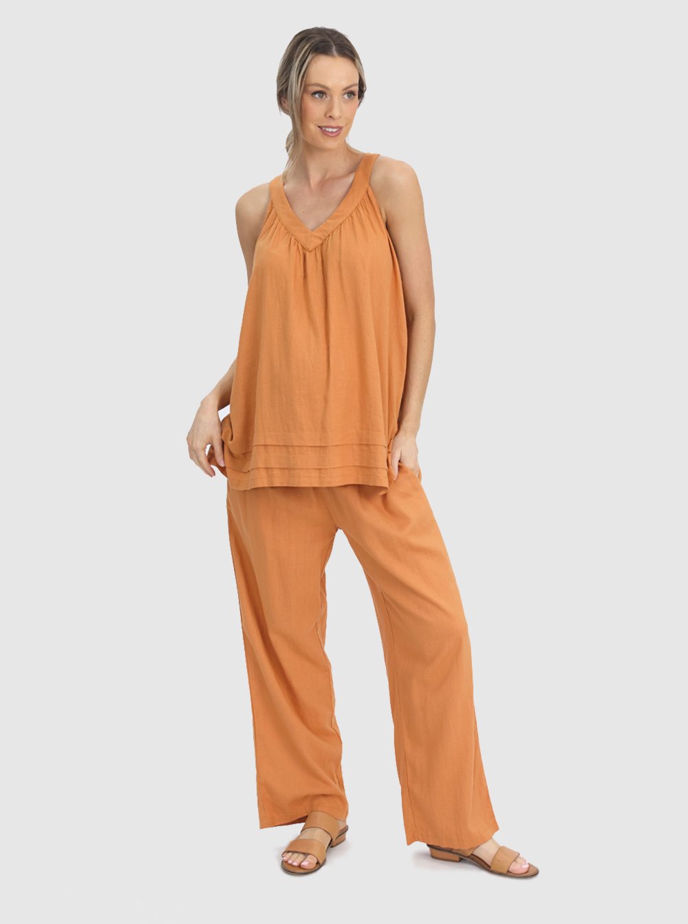 Full view - Maternity Sleeveless Linen Summer Top in Orange (6640781590622)