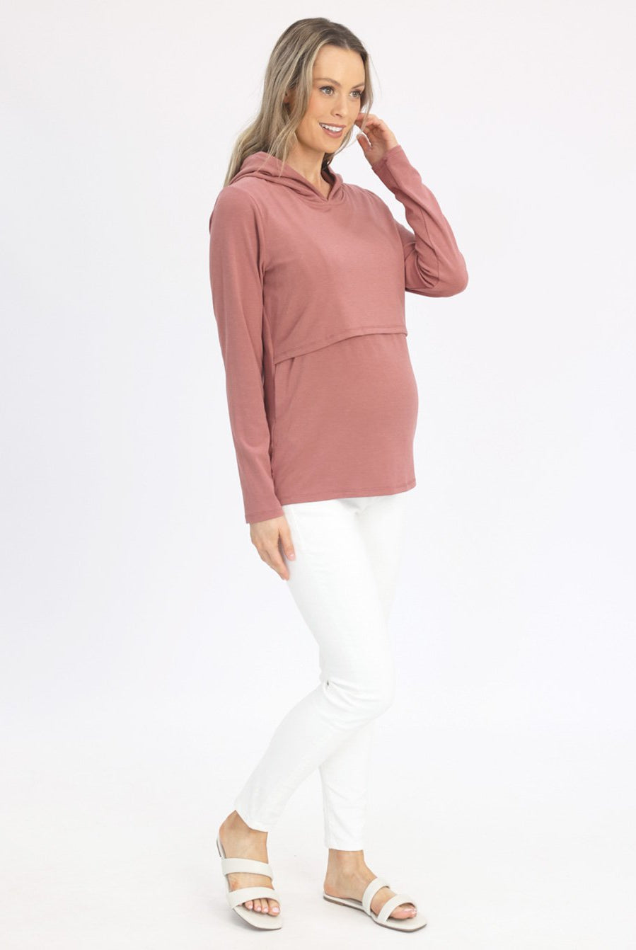 Full view - Maternity & Nursing Hoodie in Dusty Pink with white pants (6636237258846)