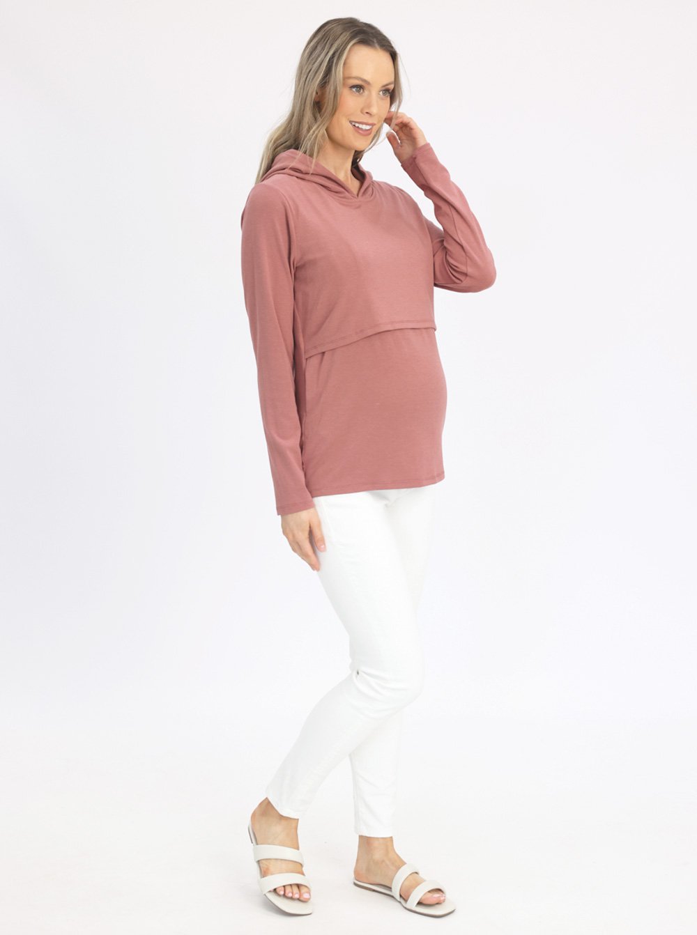 Full view - Maternity & Nursing Hoodie in Dusty Pink with white pants (6636237258846)