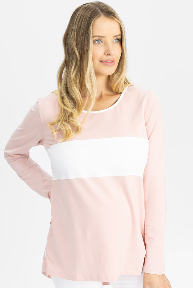 Main view - Maternity and Nursing Long Sleeve T-Shirt in Pink and White (4791693934686)