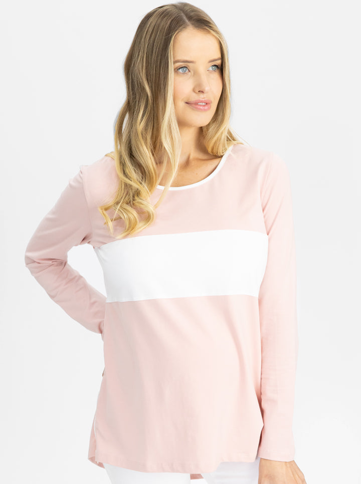 Main view - Maternity and Nursing Long Sleeve T-Shirt in Pink and White (4791693934686)