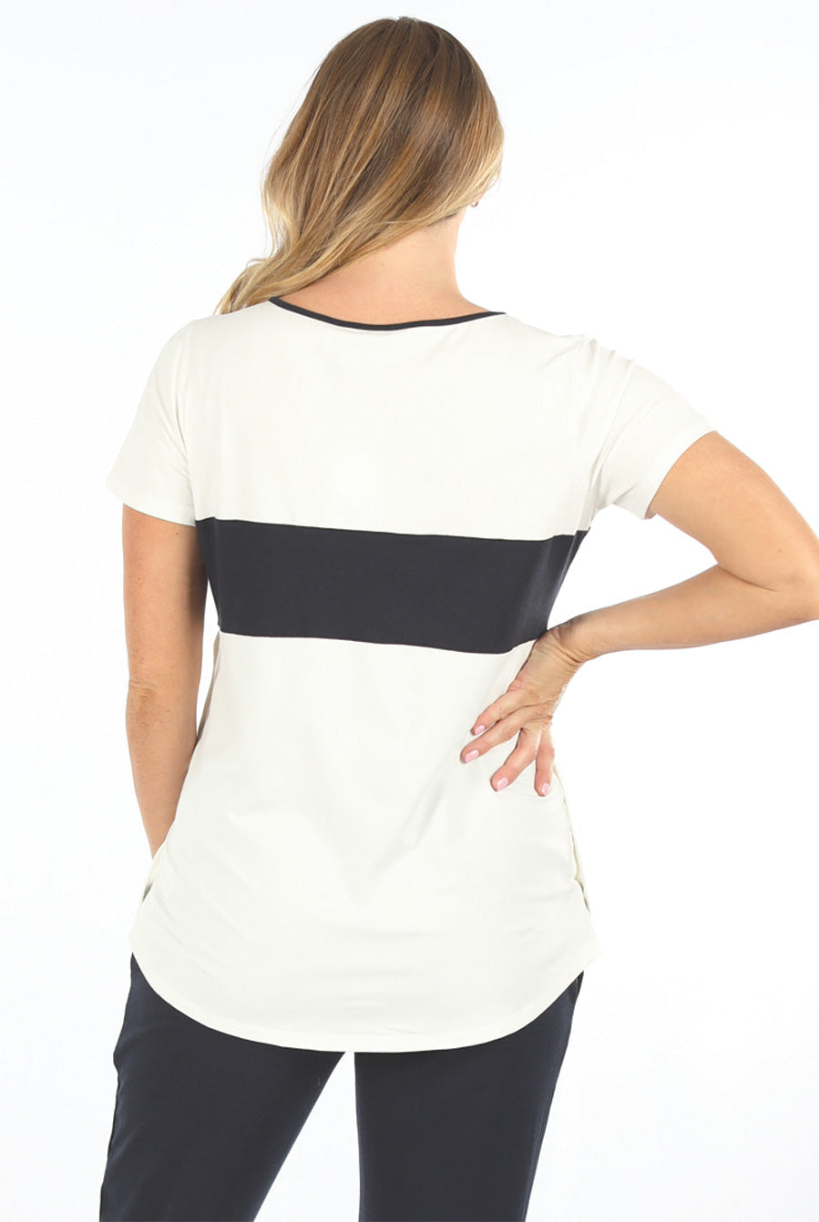 Back view - A young pregnant woman in Maternity and Nursing T-Shirt in Navy and White with Side Zip (6663267844190)