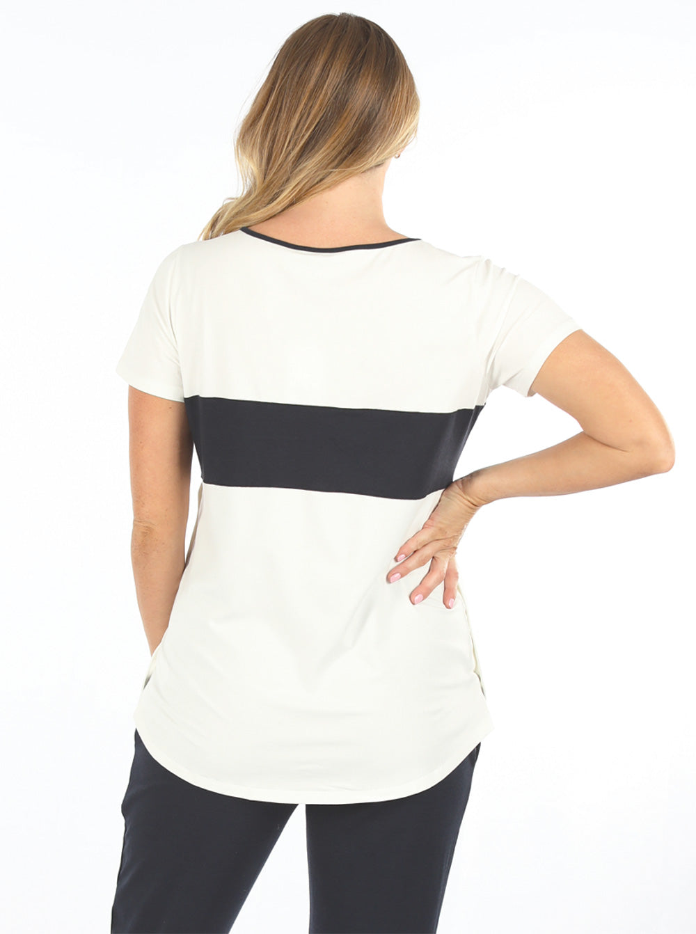 Back view - A young pregnant woman in Maternity and Nursing T-Shirt in Navy and White with Side Zip (6663267844190)