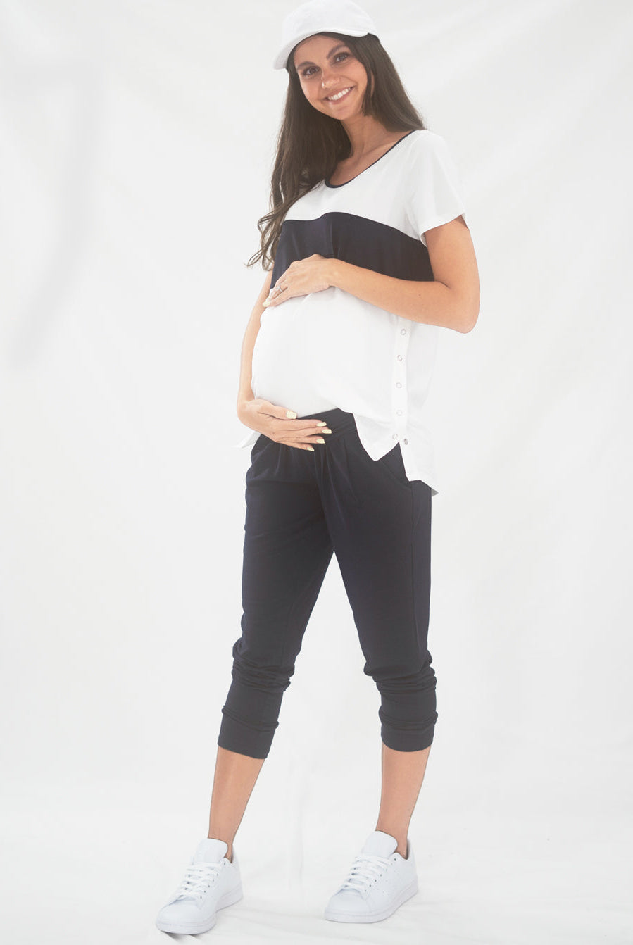 Full view - A young pregnant woman in Maternity and Nursing T-Shirt in Navy and White with Side Zip (6663267844190)