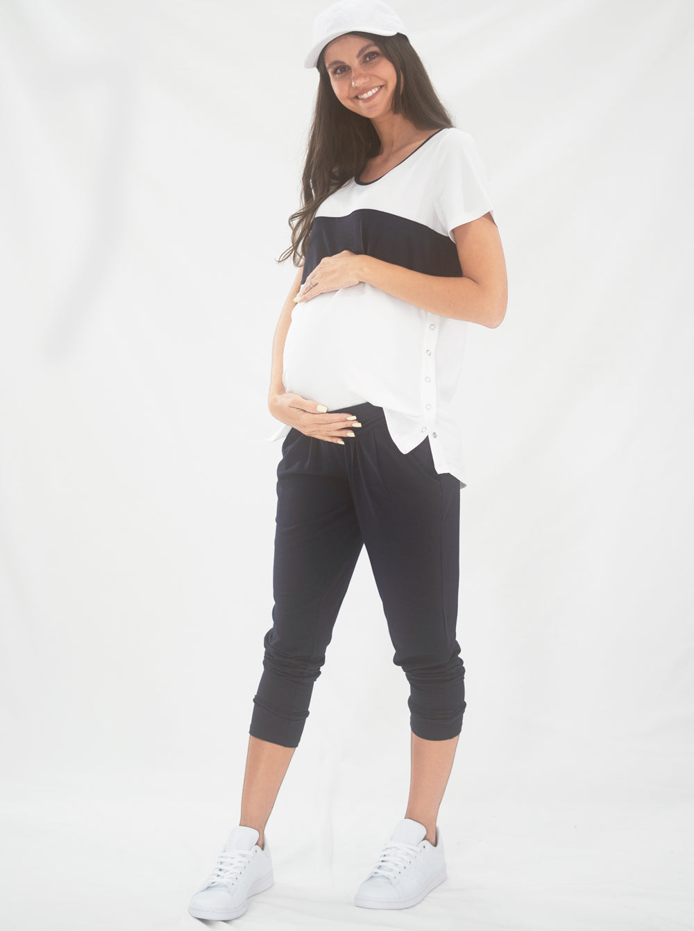 Full view - A young pregnant woman in Maternity and Nursing T-Shirt in Navy and White with Side Zip (6663267844190)