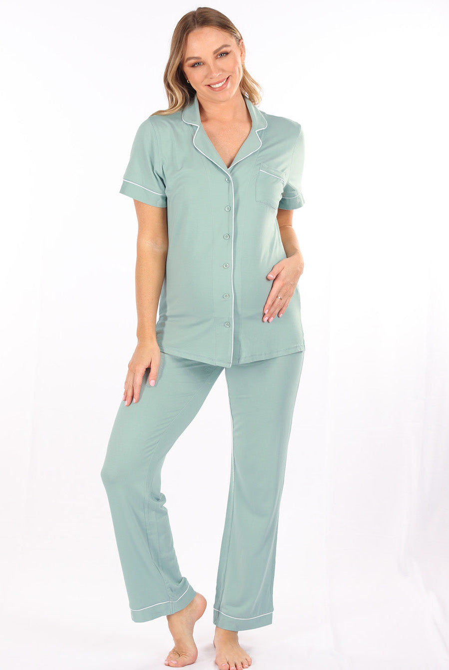 Full view - Maternity & Nursing Button Front Pajama Set in Sage (6659036840030)