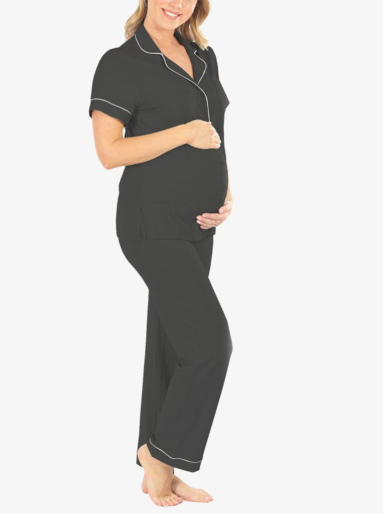 Side view - Maternity and Nursing short Sleeve Pajama Set in Black (6639705063518)