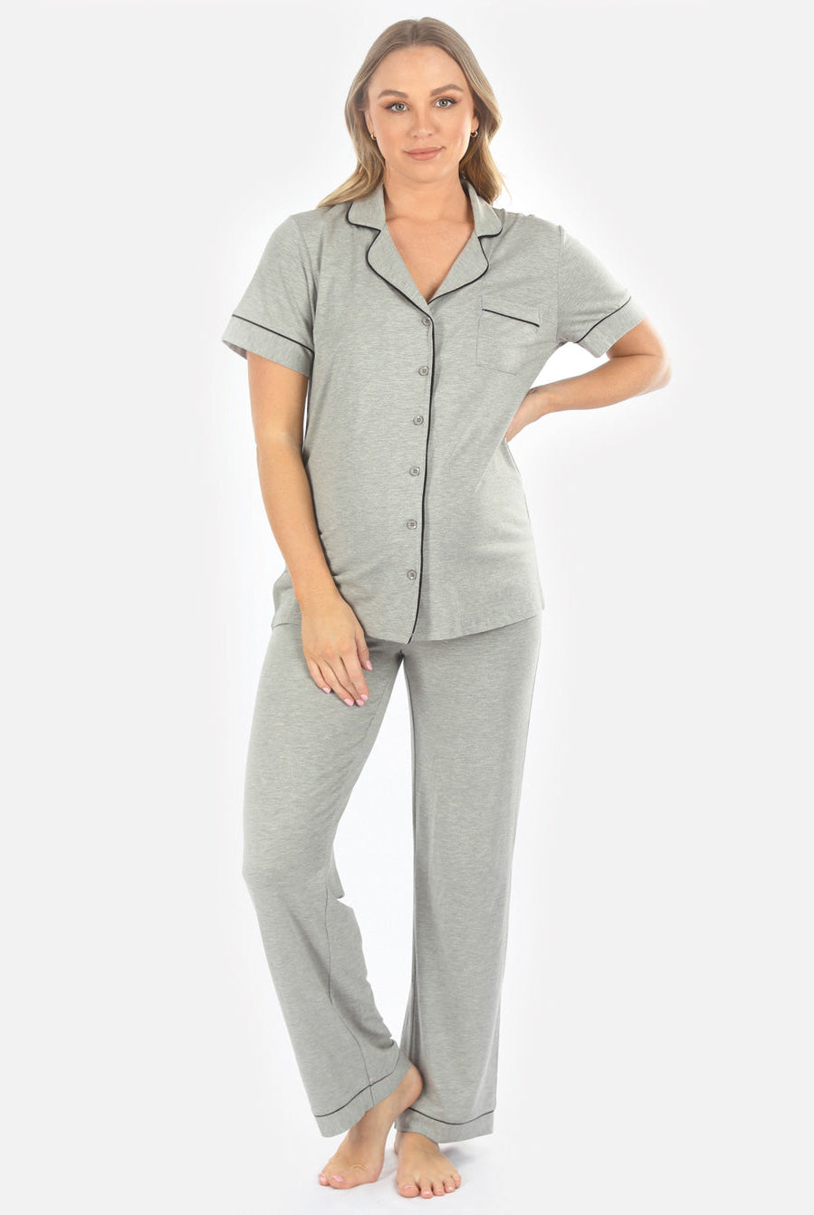 Maternity and Nursing short Sleeve Pyjama Set in Marl Grey Bamboo (6664047493214)