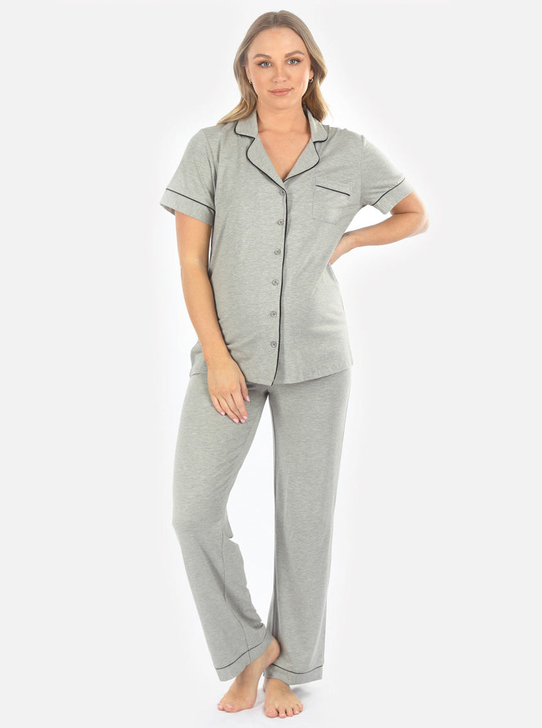 Maternity and Nursing short Sleeve Pyjama Set in Marl Grey Bamboo (6664047493214)