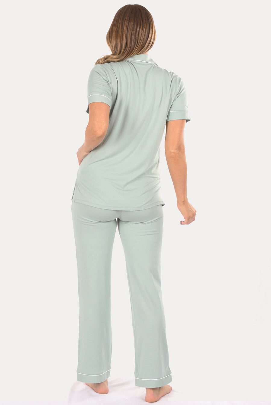 Back view - Maternity & Nursing Button Front Pajama Set in Sage (6659036840030)