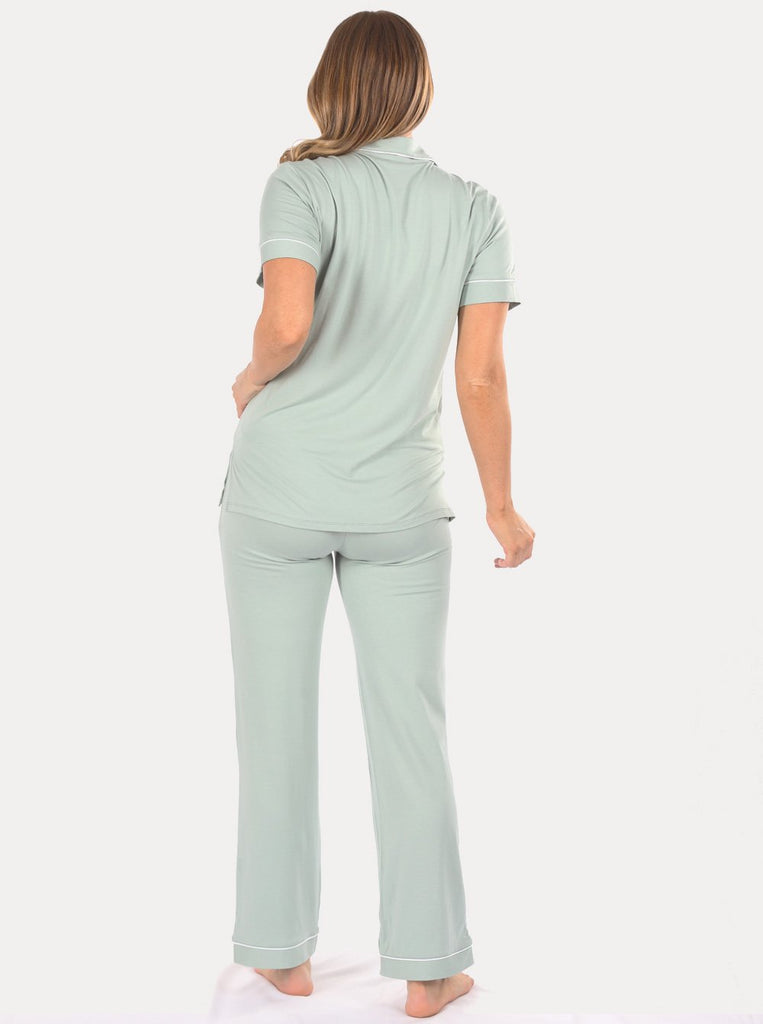 Back view - Maternity & Nursing Button Front Pajama Set in Sage (6659036840030)