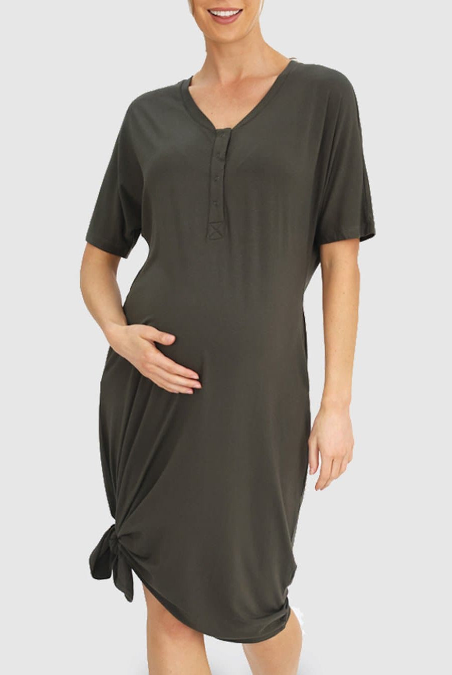 Front view - Mama Hospital Nightie, Long Length with Baby Pouch in Khaki (6621381886046)