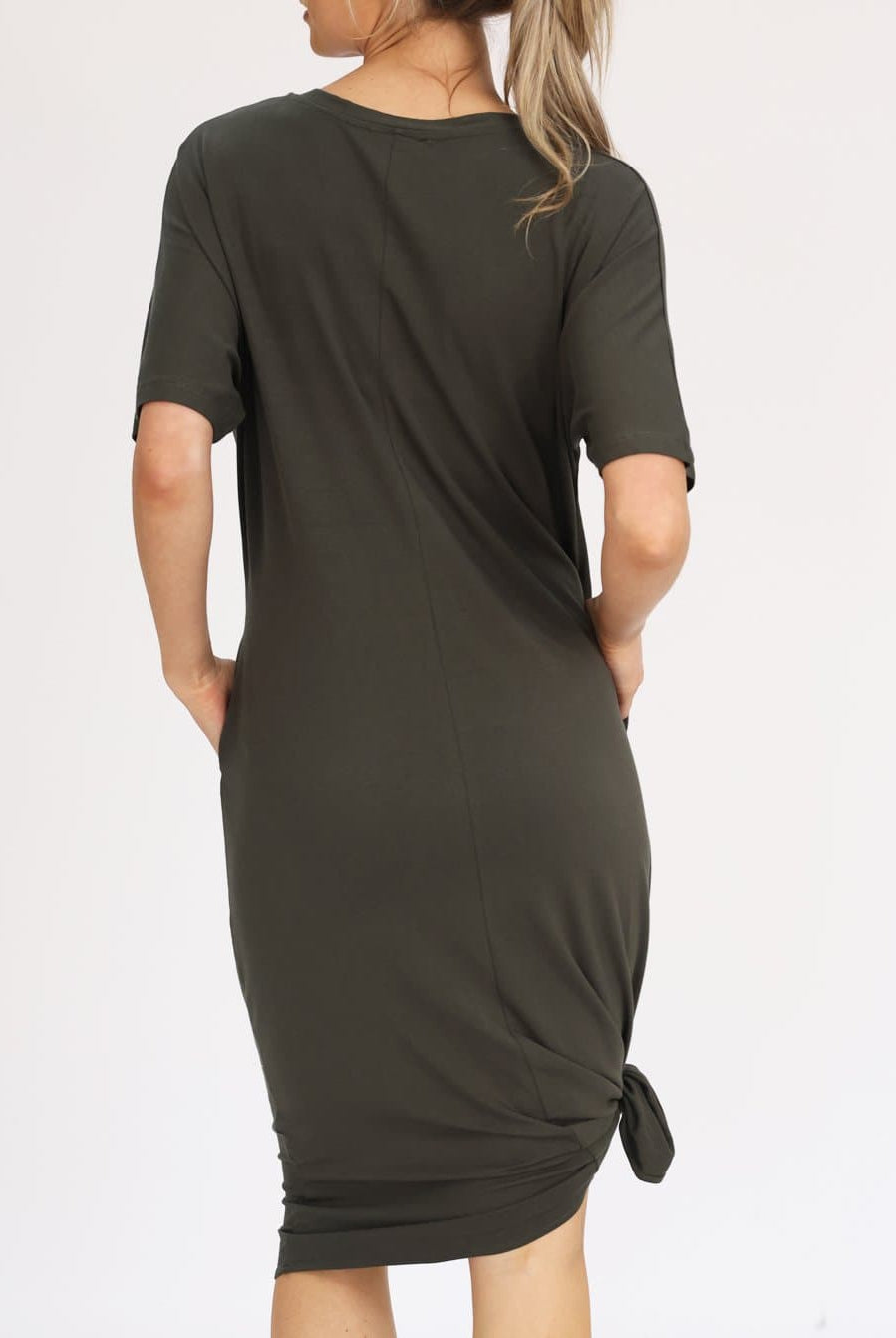 Back view - Mama Hospital Nightie, Long Length with Baby Pouch in Khaki (6621381886046)