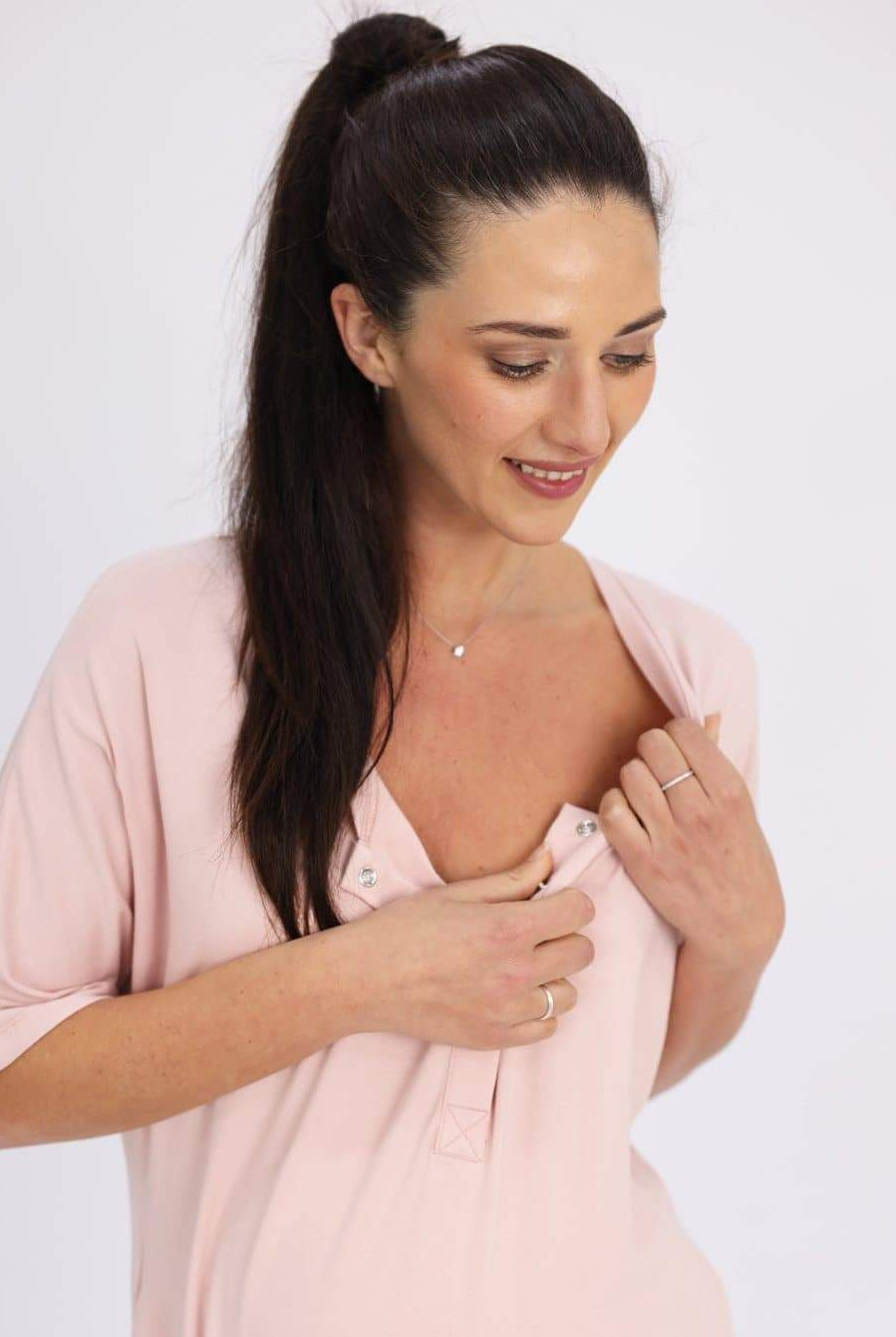 Mama Hospital Nightie, Long Length with Baby Pouch in Pink (6621381853278)