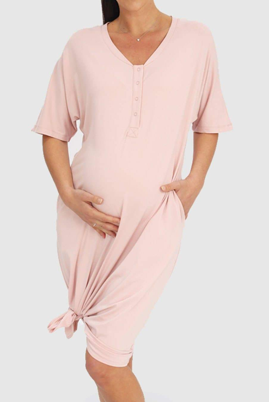 Mama Hospital Nightie, Long Length with Baby Pouch in Pink (6621381853278)