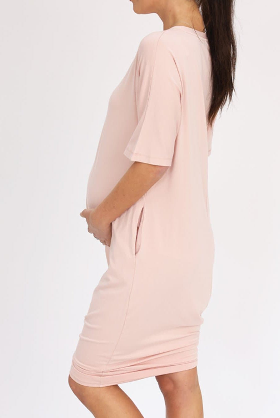 Mama Hospital Nightie, Long Length with Baby Pouch in Pink (6621381853278)