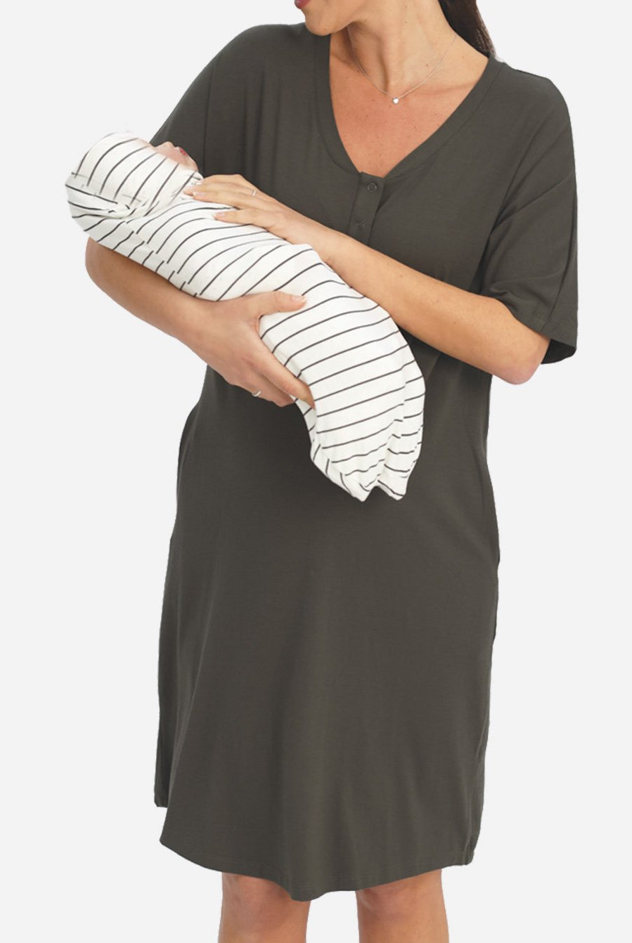 Mama Hospital Nightie, knee Length with Baby Pouch in Khaki - Angel Maternity - Maternity clothes - shop online (6640781033566)