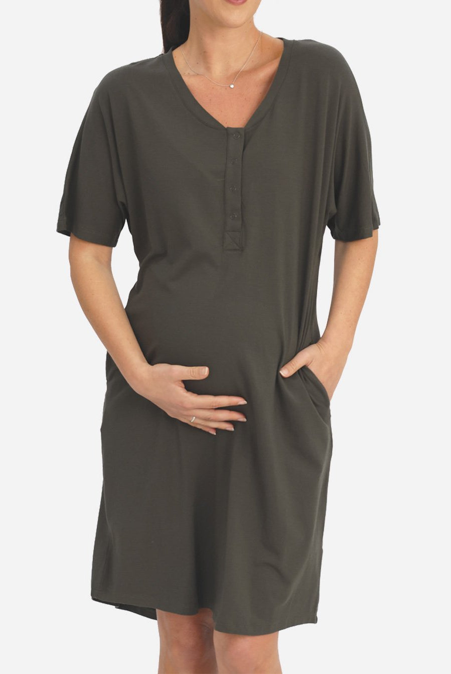 Mama Hospital Nightie, knee Length with Baby Pouch in Khaki - Angel Maternity - Maternity clothes - shop online (6640781033566)