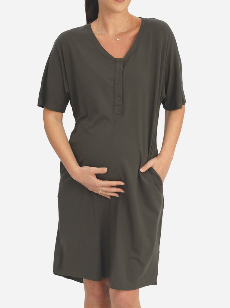 Mama Hospital Nightie, knee Length with Baby Pouch in Khaki - Angel Maternity - Maternity clothes - shop online (6640781033566)