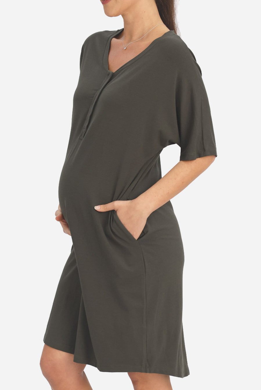 Mama Hospital Nightie, knee Length with Baby Pouch in Khaki - Angel Maternity - Maternity clothes - shop online (6640781033566)