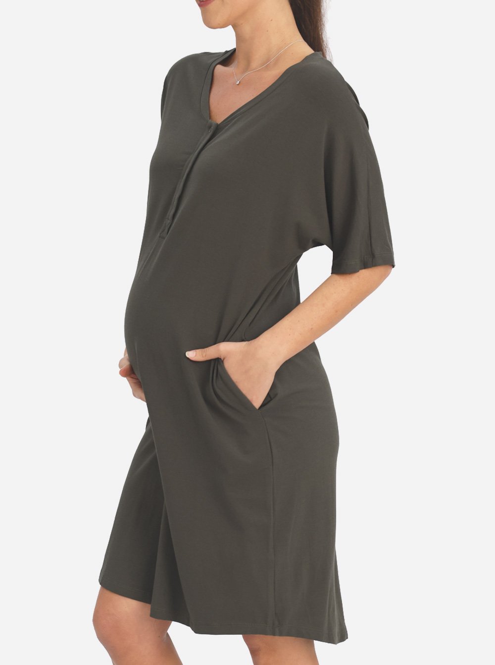 Mama Hospital Nightie, knee Length with Baby Pouch in Khaki - Angel Maternity - Maternity clothes - shop online (6640781033566)