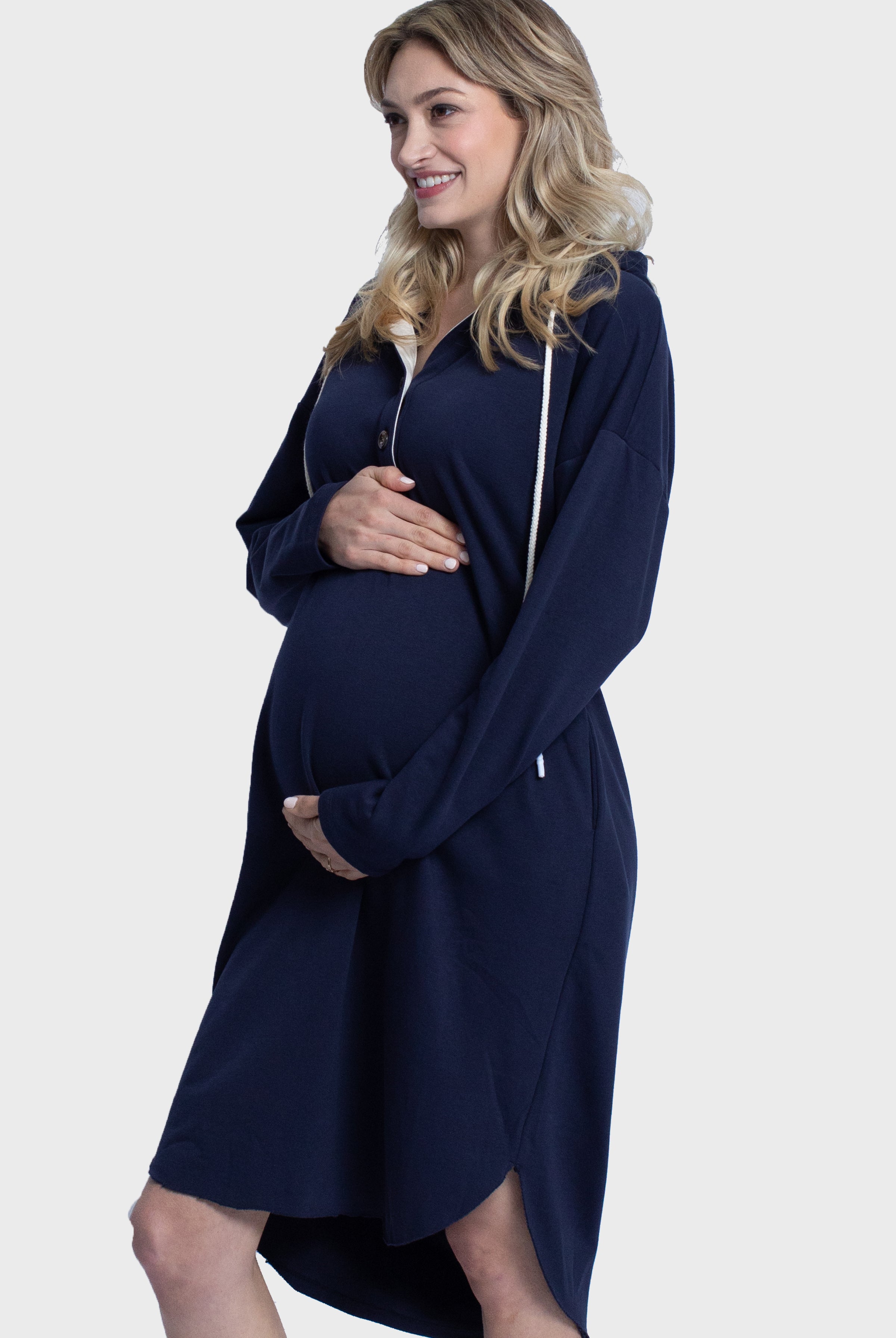 Maternity Oversize Hoodie Button Nursing Dress - Navy - Angel Maternity USA (4697184305246)