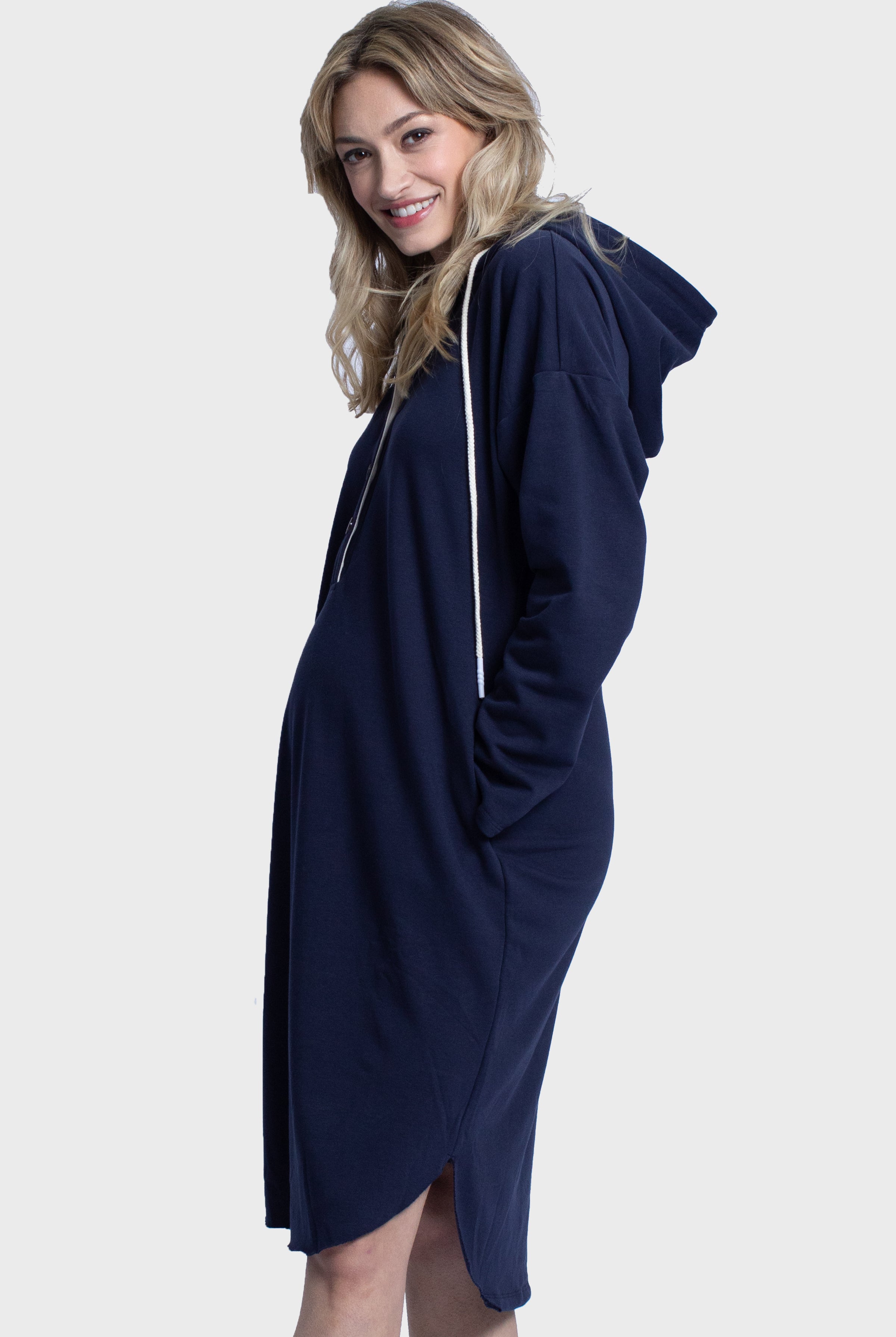 Maternity Oversize Hoodie Button Nursing Dress - Navy - Angel Maternity USA (4697184305246)