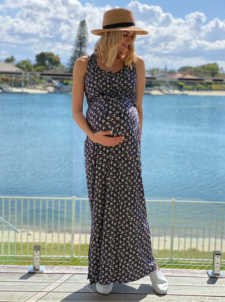 Maternity and Nursing Button up front Maxi Dress in Navy - Angel Maternity USA