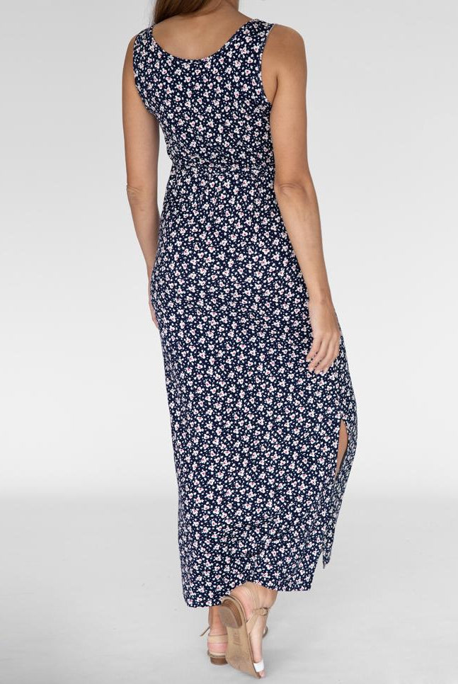 Back view - Button Front Sleeveless Nursing Friendly Maternity Maxi Dress in Navy (4827650130014)