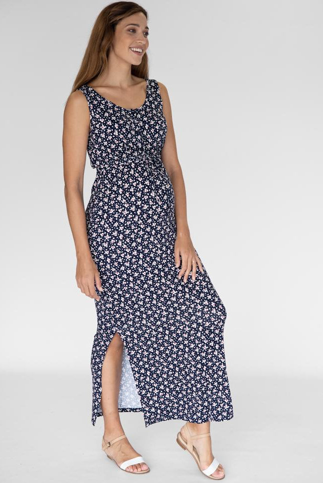 Full view front - Button Front Sleeveless Nursing Friendly Maternity Maxi Dress in Navy (4827650130014)